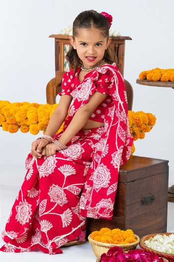 Shop_JILMIL DREAMWEAR_Red Cotton Floral Print Pre-draped Saree With Blouse _Online_at_Aza_Fashions