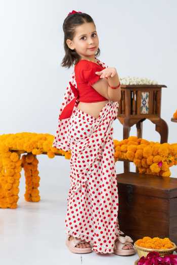 JILMIL DREAMWEAR_Red Cotton Polka Dot Pre-draped Saree With Blouse _Online_at_Aza_Fashions
