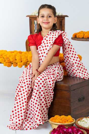 Buy_JILMIL DREAMWEAR_Red Cotton Polka Dot Pre-draped Saree With Blouse _Online_at_Aza_Fashions