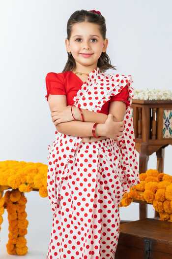 Shop_JILMIL DREAMWEAR_Red Cotton Polka Dot Pre-draped Saree With Blouse _Online_at_Aza_Fashions