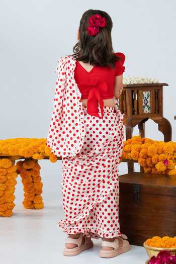 Shop_JILMIL DREAMWEAR_Red Cotton Polka Dot Pre-draped Saree With Blouse _at_Aza_Fashions