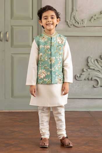 Shop_Kalista_Blue Silk, Chanderi, Viscose Zivansh Printed Bundi And Kurta Set _Online_at_Aza_Fashions