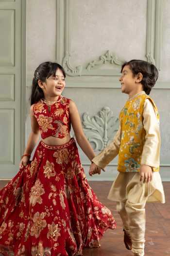 Buy_Kalista_Red Silk, Organza, Net Adwika Printed Lehenga Set 