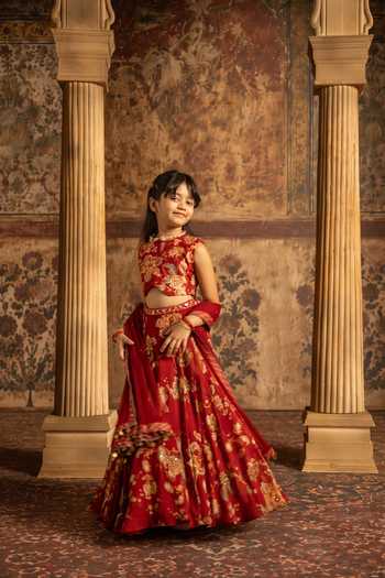 Kalista_Red Silk, Organza, Net Adwika Printed Lehenga Set _Online