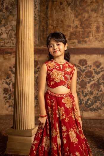 Shop_Kalista_Red Silk, Organza, Net Adwika Printed Lehenga Set _Online
