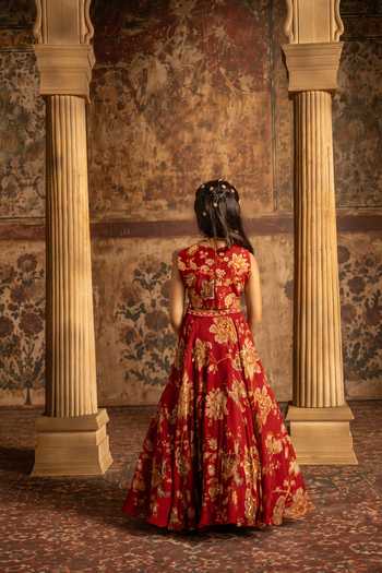 Kalista_Red Silk, Organza, Net Adwika Printed Lehenga Set 
