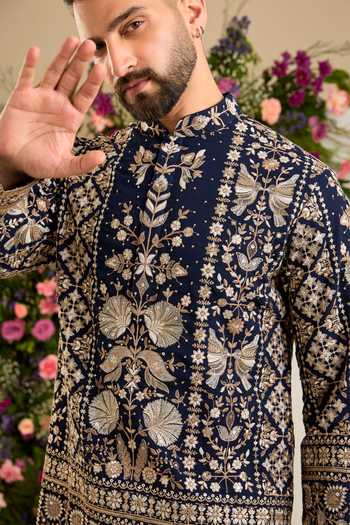 Kasbah_Blue Georgette Floral Zari Embroidered Kurta _Online_at_Aza_Fashions
