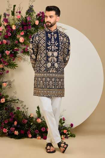 Buy_Kasbah_Blue Georgette Floral Zari Embroidered Kurta _Online_at_Aza_Fashions