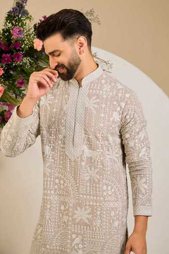 Buy_Kasbah_Beige Georgette Flora And Fauna Embroidered Kurta _Online_at_Aza_Fashions