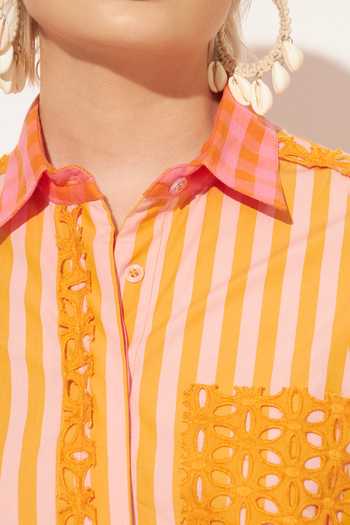 Linetribe_Orange Cotton Collared Neck Evara Printed Shirt And Skirt Set _Online