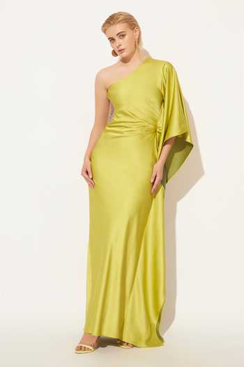 Buy_Linetribe_Green Satin One Shoulder Aethera Gown _at_Aza_Fashions