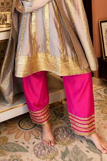 Palak & Mehak_Grey Chanderi, Muslin (mulmul), Cotton Gota Patti Mul Anarkali Palazzo Set _Online_at_Aza_Fashions