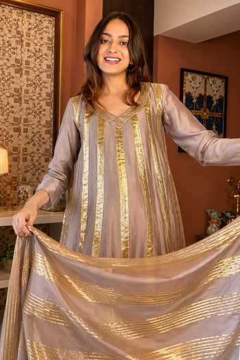 Buy_Palak & Mehak_Grey Chanderi, Muslin (mulmul), Cotton Gota Patti Mul Anarkali Palazzo Set _Online_at_Aza_Fashions