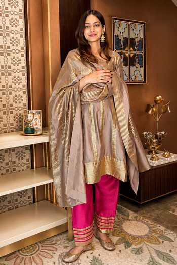 Shop_Palak & Mehak_Grey Chanderi, Muslin (mulmul), Cotton Gota Patti Mul Anarkali Palazzo Set _at_Aza_Fashions