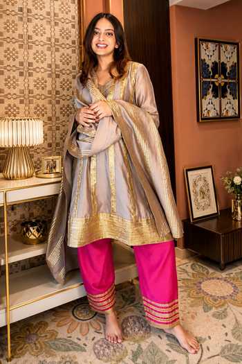 Buy_Palak & Mehak_Grey Chanderi, Muslin (mulmul), Cotton Gota Patti Mul Anarkali Palazzo Set _at_Aza_Fashions