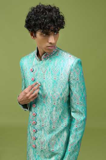 Arihant Rai Sinha_Green Silk, Dupion Mens Embroidered Banarasi Sherwani And Pant Set _Online