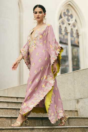 Buy_Anushree Reddy_Pink Silk, Dupion, Cotton Plunge Neck Embroidered Kaftan And Pant Set _at_Aza_Fashions