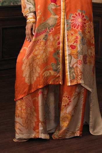 Paulmi And Harsh_Orange Satin Collared Neck, Yes Meredith Printed Kurta And Palazzo Set _Online_at_Aza_Fashions