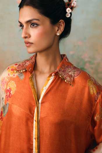 Buy_Paulmi And Harsh_Orange Satin Collared Neck, Yes Meredith Printed Kurta And Palazzo Set _Online_at_Aza_Fashions