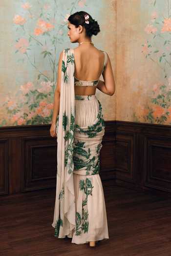 Shop_Paulmi And Harsh_Green , Organza, Organza, Teresa Printed Pre-draped Saree With Blouse _at_Aza_Fashions
