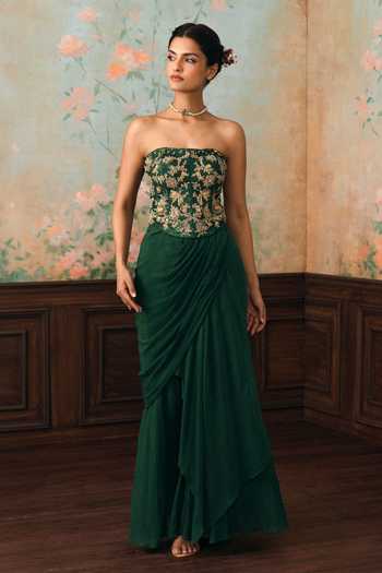 Shop_Paulmi And Harsh_Green Zari Bandeau Neck Lilia Printed Corset Skirt Set _Online_at_Aza_Fashions