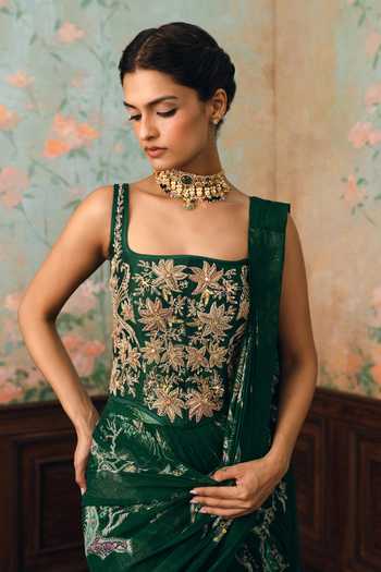 Buy_Paulmi And Harsh_Green Georgette Zari, Stones Sofia Pre-draped Saree With Embroidered Corset _Online_at_Aza_Fashions