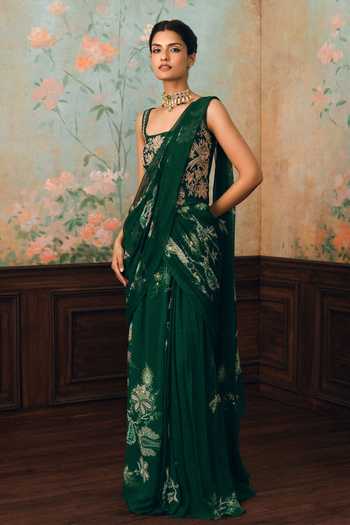 Paulmi And Harsh_Green Georgette Zari, Stones Sofia Pre-draped Saree With Embroidered Corset _at_Aza_Fashions