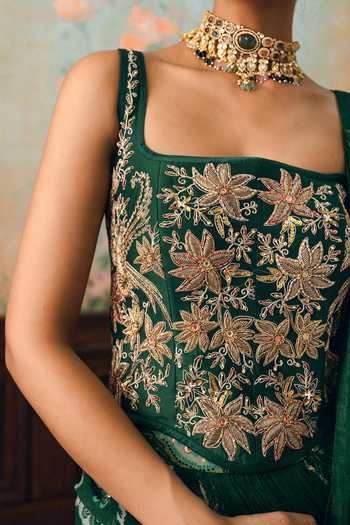 Buy_Paulmi And Harsh_Green Georgette Zari, Stones Sofia Pre-draped Saree With Embroidered Corset 