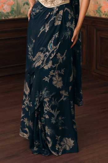 Paulmi And Harsh_Ivory Organza, Satin, Net Zari, Stones Square Lilia Printed Corset Skirt Set _Online_at_Aza_Fashions