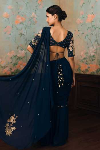 Shop_Paulmi And Harsh_Blue Georgette V-neck Kaia Embroidered Pre-draped Saree With Blouse _at_Aza_Fashions