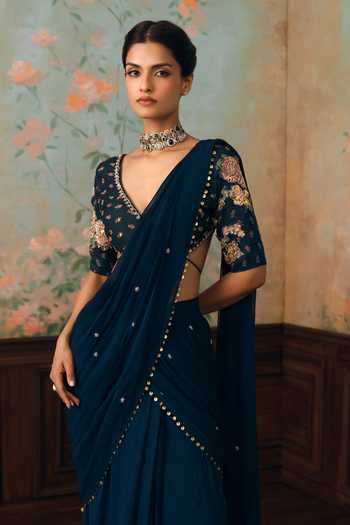 Paulmi And Harsh_Blue Georgette V-neck Kaia Embroidered Pre-draped Saree With Blouse _Online_at_Aza_Fashions