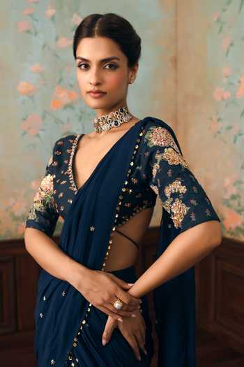 Shop_Paulmi And Harsh_Blue Georgette V-neck Kaia Embroidered Pre-draped Saree With Blouse _Online_at_Aza_Fashions