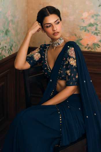 Paulmi And Harsh_Blue Georgette V-neck Kaia Embroidered Pre-draped Saree With Blouse _at_Aza_Fashions