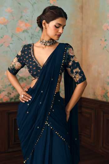 Buy_Paulmi And Harsh_Blue Georgette V-neck Kaia Embroidered Pre-draped Saree With Blouse 