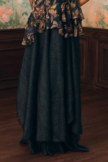 Paulmi And Harsh_Blue Organza Collared Neck Cherie Printed Peplum Jacket Pant Set _Online_at_Aza_Fashions