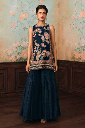 Buy_Paulmi And Harsh_Blue Shantoon High Neck Wildflower Printed Kurta And Palazzo Set _at_Aza_Fashions