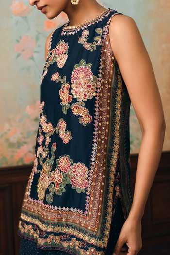 Shop_Paulmi And Harsh_Blue Shantoon High Neck Wildflower Printed Kurta And Palazzo Set _Online_at_Aza_Fashions