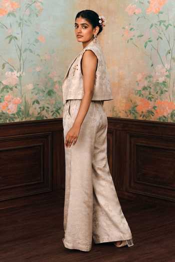 Shop_Paulmi And Harsh_Beige Jacquard, Satin, Chantilly Open Neck, Rosamund Woven Jacket Pant Set _at_Aza_Fashions