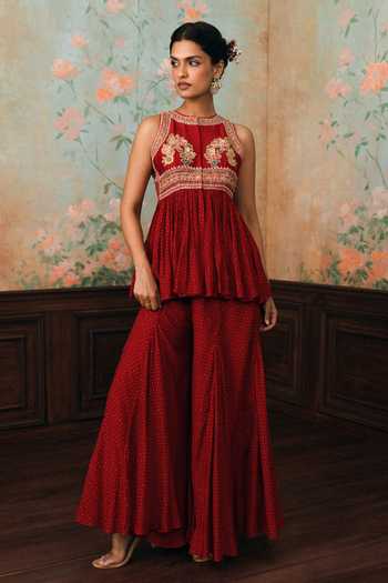 Buy_Paulmi And Harsh_Red Round Neck Merlia Printed Peplum Top And Palazzo Set _at_Aza_Fashions