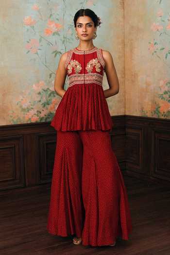 Paulmi And Harsh_Red Round Neck Merlia Printed Peplum Top And Palazzo Set _at_Aza_Fashions