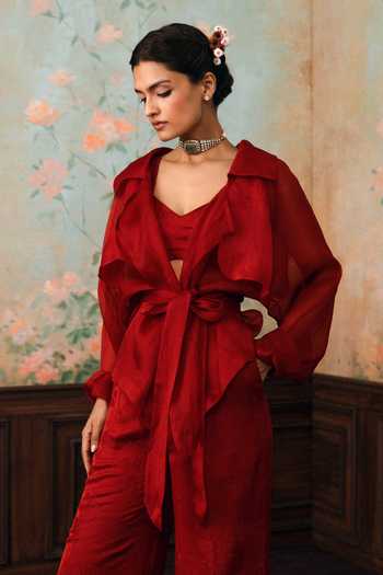 Shop_Paulmi And Harsh_Red Organza, Jacquard Open , Sweetheart Silas Pure Jacket Pant Set _Online_at_Aza_Fashions