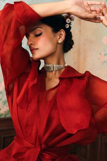 Buy_Paulmi And Harsh_Red Organza, Jacquard Open , Sweetheart Silas Pure Jacket Pant Set 