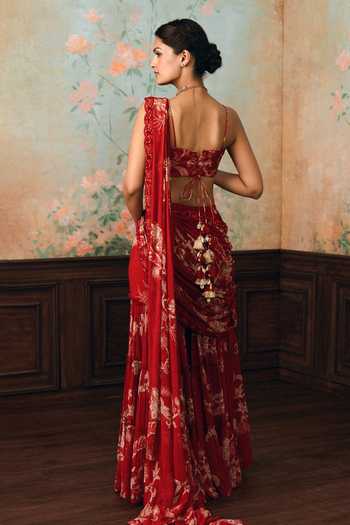 Shop_Paulmi And Harsh_Red Georgette, Net Square Neck Zia Printed Sharara Saree With Blouse _at_Aza_Fashions
