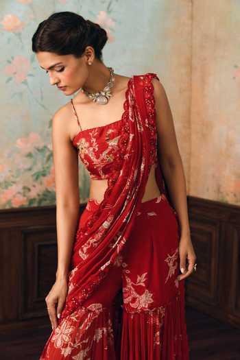 Paulmi And Harsh_Red Georgette, Net Square Neck Zia Printed Sharara Saree With Blouse _Online_at_Aza_Fashions