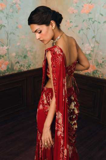 Buy_Paulmi And Harsh_Red Georgette, Net Square Neck Zia Printed Sharara Saree With Blouse _Online_at_Aza_Fashions