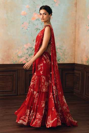 Shop_Paulmi And Harsh_Red Georgette, Net Square Neck Zia Printed Sharara Saree With Blouse _Online_at_Aza_Fashions