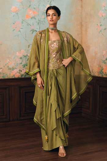 Paulmi And Harsh_Olive Green Net, Organza, Satin, Silk, Modal Merliah Printed Cape Skirt Set _Online