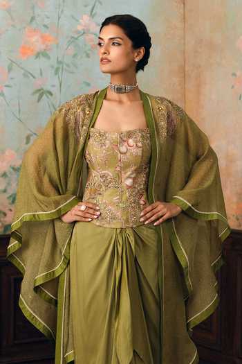 Buy_Paulmi And Harsh_Olive Green Net, Organza, Satin, Silk, Modal Merliah Printed Cape Skirt Set _Online