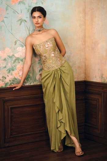 Shop_Paulmi And Harsh_Olive Green Net, Organza, Satin, Silk, Modal Merliah Printed Cape Skirt Set _Online