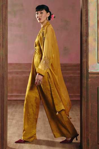 Shop_Paulmi And Harsh_Yellow Jacquard, Organza Halter , Open Shinju Woven Jumpsuit _at_Aza_Fashions